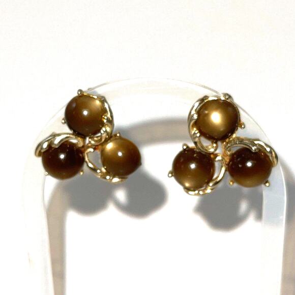 Vintage Jewelry Gold Toned tigers eye Brown Stone Clip On Earrings Cluster B#18 - Picture 2 of 13